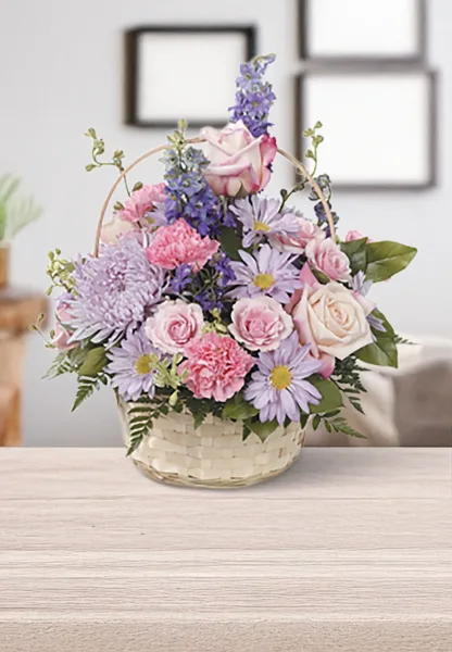 Basket Arrangement in Pastel Purple and Pinks - Image 2