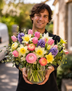 Florist presenting a colorful spring flower arrangement in a glass vase for delivery
