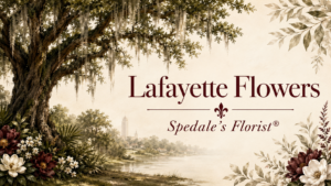 Spedale's Florist Lafayette flowers banner with live oak, magnolias and Louisiana foliage