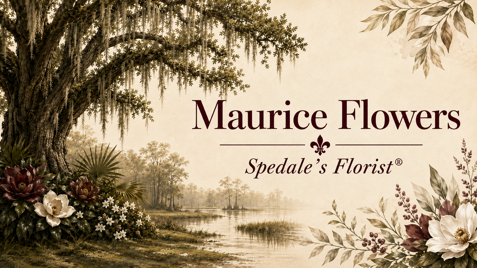 Spedale's Florist Maurice flowers banner with live oak, magnolias and Louisiana foliage