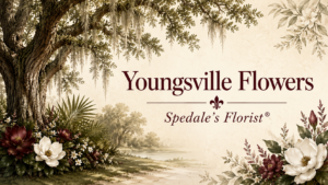 Spedale's Florist Youngsville flowers banner with live oak, magnolias and Louisiana foliage