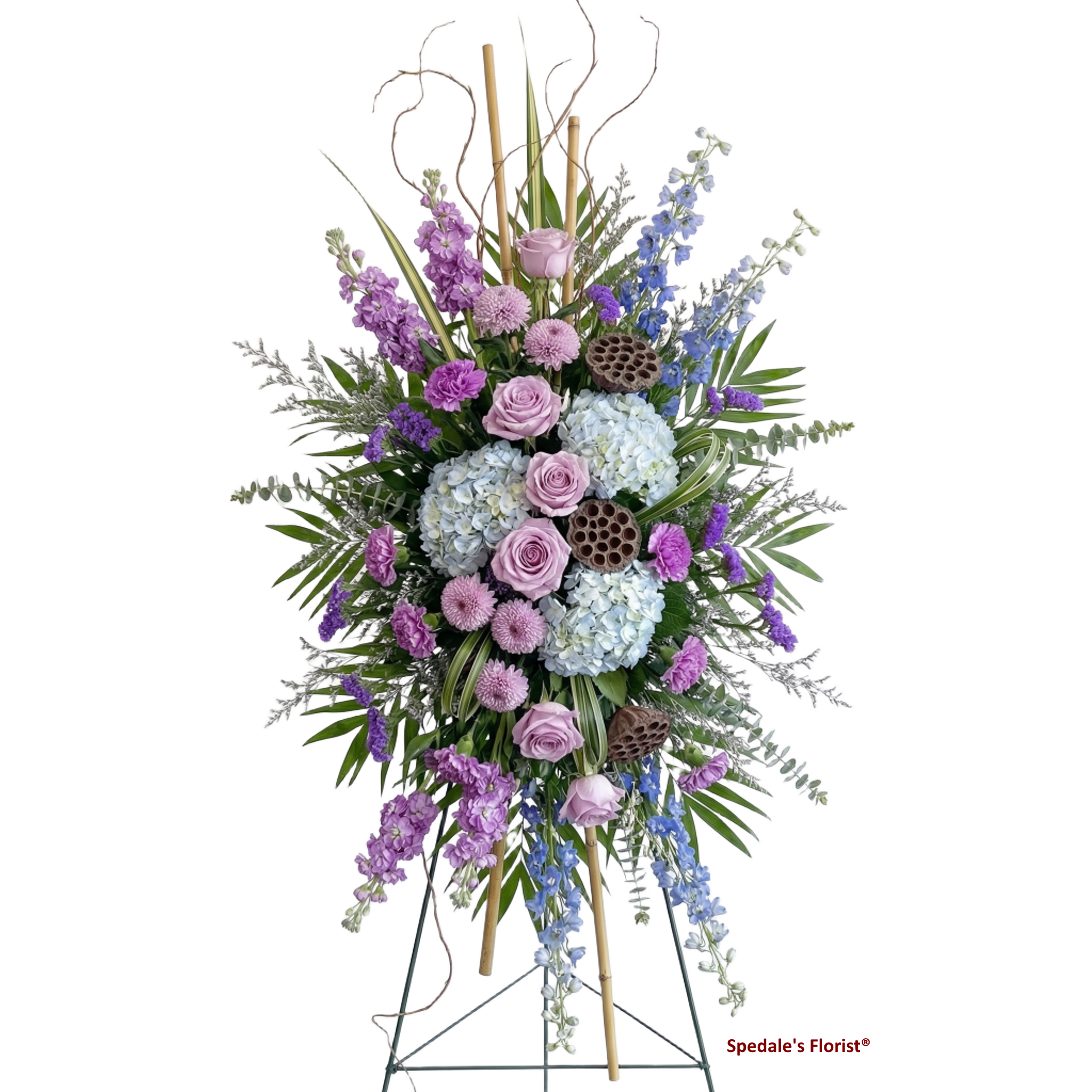 amethyst reflections - This beautiful standing spray is designed on a 54" easel and features assorted shades of blue and lavender quality flowers