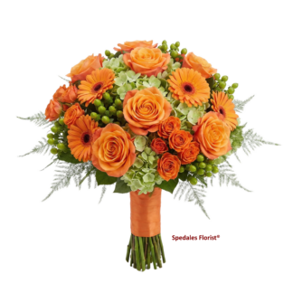 CELINA HELEN - Featuring a mix of bright orange roses and gerbera daisies on a bed of green hydrangea and hypericum