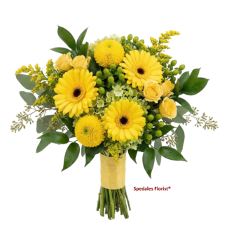 nakia jasmine - Sweet sunshine nosegay bouquet is designed with yellow gerbera daisies, petite roses, green hydrangea, hypericum berries and yellow button spray mums