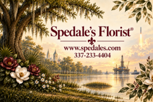 Spedale’s Florist serving New Iberia and Iberia Parish, with Louisiana magnolias, an offshore oil platform, and a rocket launch symbolizing Port of Iberia and SpaceX growth in Acadiana.