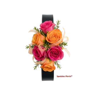 REBECCA - Hot pink and orange petite spray roses designed on a cuff bracelet.