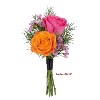 ROCCO - A colorful boutonniere designed with hot pink and orange spray roses and purple waxflower. The natural exposed stems are ribbon wrapped. Ribbon color can be changed as per your request. Boutonniere measures approximately 2 &1/2" long.