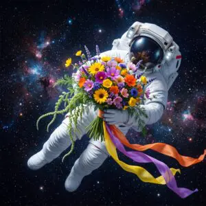 Astronaut holding a colorful flower bouquet celebrating Starbase Louisiana and Vermilion Parish
